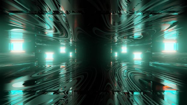 Trails of bright colorful neon lights reflected in mirrored metallic surface of sci fi tunnel with distorted interior as abstract futuristic background in 3d illustration