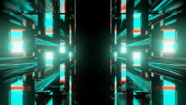 3d illustration of abstract geometrical background of dark endless sci fi tunnel with red and blue neon lights