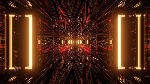 3d illustration of abstract background of bright glowing tunnel with geometric bricks and lines illuminated by neon lights