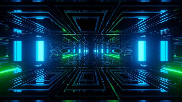 Glowing symmetrical 3d illustration of repeating square cells and blue and green lights on panels forming abstract perspective tunnel