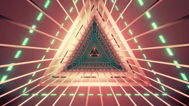 3D illustration of geometric red tunnel of triangle shaped illuminated with neon green lamps