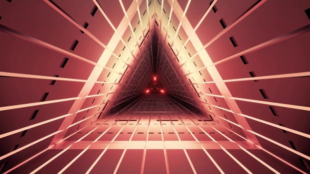 3D illustration of symmetric triangle tunnel of red color with straight lines and neon illumination