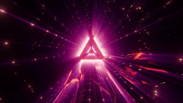 Abstract 3D illustration of triangle shaped ornament glowing with distorted neon pink light