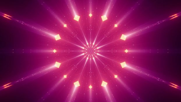 Abstract 3D illustration of vivid neon rays with small rhombuses glowing in darkness