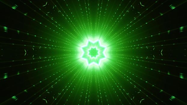 Abstract 3D illustration of star shaped ornament and straight beams shining with vivid green neon light