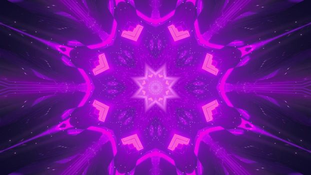 Symmetric 3D illustration of abstract kaleidoscopic ornament shimmering with vivid neon light in darkness