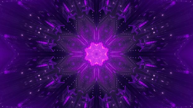 Abstract background 3d illustration of fantastic round space tunnel with glowing neon geometric flower shaped ornament in center and sparkles in darkness