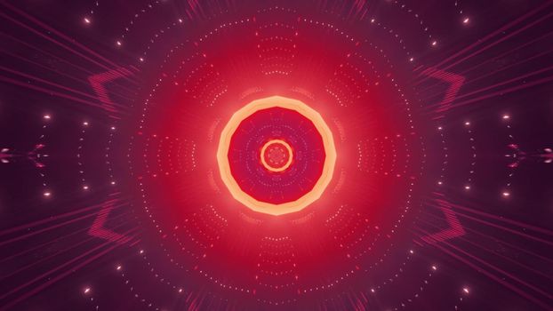 Abstract futuristic background 3d illustration with shiny red and yellow illumination inside of round shaped tunnel with light reflections