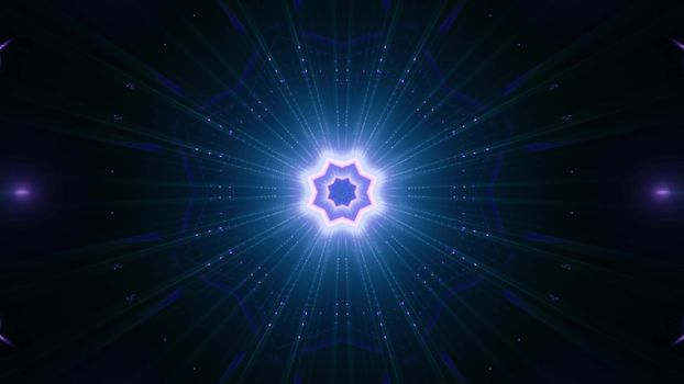 Geometric 3D illustration of star shaped ornament glowing with vibrant blue light in darkness