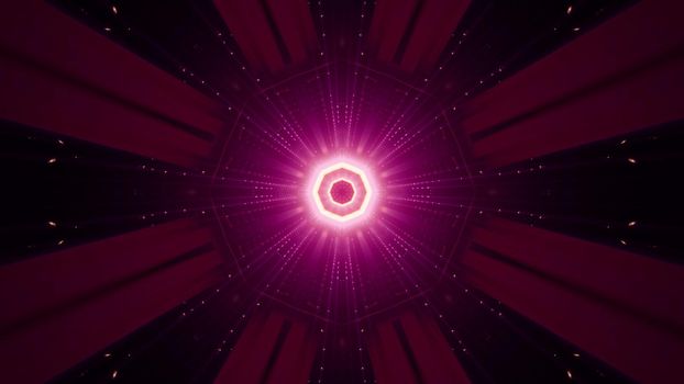 3D illustration of symmetric octagon ornament and rays glowing with vivid neon light
