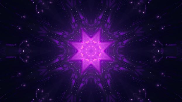 Symmetric 3D illustration of vivid star shaped ornament shining with neon violet light