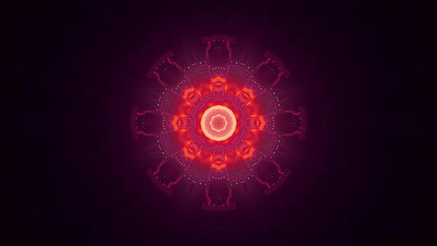 3d illustration of abstract background of ornamental tunnel in shape of circle glowing with red and pink neon lights
