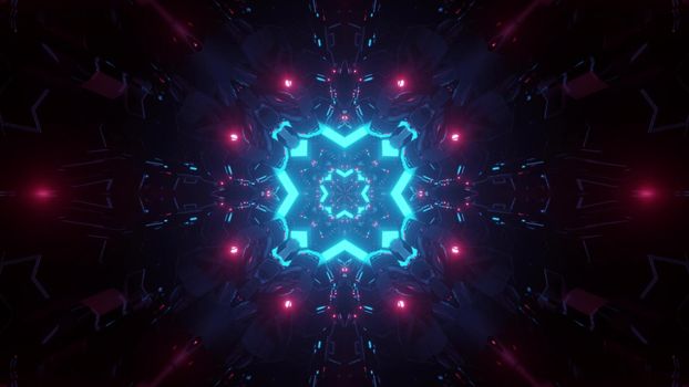 3d illustration of abstract background of dark sci fi tunnel with bricks glowing by blue and pink neon illumination