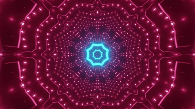 3d illustration of abstract background of symmetric geometric corridor with pink and blue neon lights