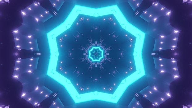 3d illustration of abstract background of kaleidoscopic endless tunnel with glowing blue neon light