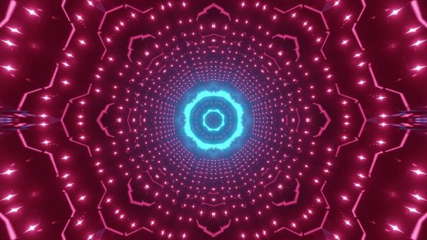 3d illustration of abstract background of ornamental round shaped tunnel with pink and blue neon illumination