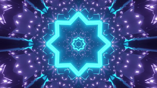 3d illustration of abstract background of kaleidoscopic endless corridor with geometric shapes glowing with blue and purple neon colors