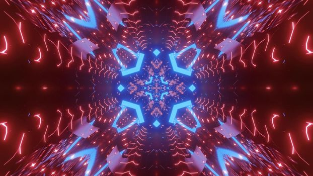Abstract 3d illustration of tunnel perspective with shiny blue arrows and red neon illumination for futuristic sci fi background