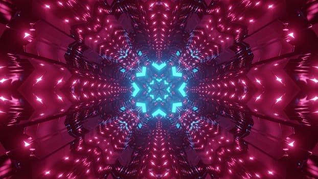 Colorful 3d illustration abstract sci fi background of endless tunnel with geometric flower shaped holes in red and blue neon lights