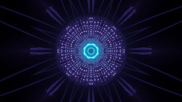 Glowing round shaped blue and purple neon pattern with light reflections in darkness abstract background 3d illustration