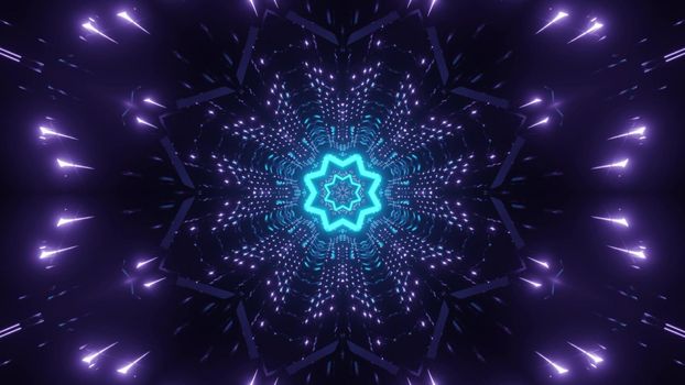 Abstract visual background 3d illustration with shiny blue neon star in center and symmetrical purple lights blinking in darkness