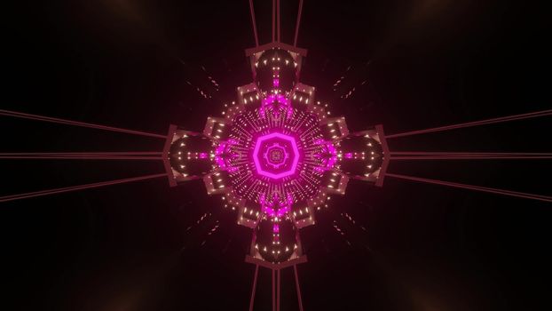 Futuristic 3d illustration abstract colorful background with shiny neon illumination of symmetric geometric shape with light reflections in darkness
