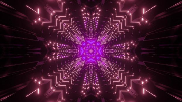 Abstract visual background 3d illustration inside of corridor of futuristic sci fi building with symmetric geometric design and colorful neon lights reflections