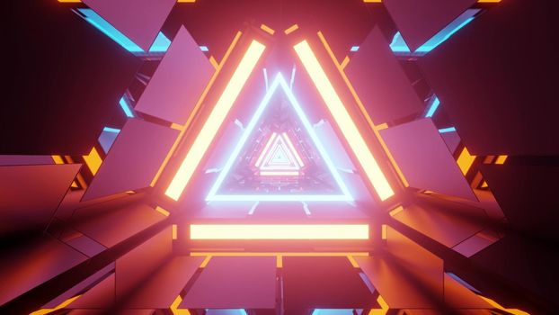 3d illustration of abstract background of vivid triangle shaped corridor glowing with colorful neon lights