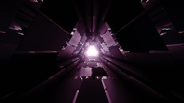 3d illustration of abstract background of triangle shaped tunnel with purple neon illumination