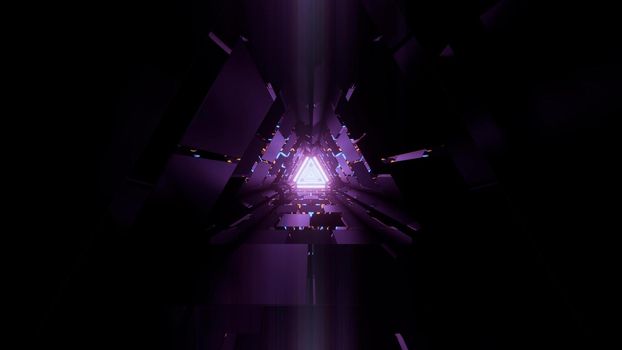3d illustration of abstract background of three dimensional tunnel in shape of triangle glowing with neon light