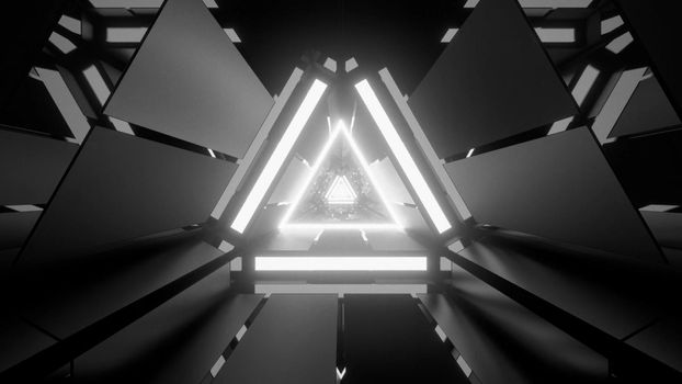 3d illustration of abstract background of grey futuristic corridor in shape of triangle illuminated by neon light