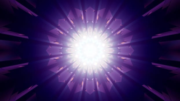 3d illustration of abstract background of geometric corridor in shape of star illuminated by blue and purple neon lights