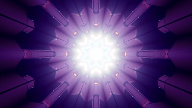 3d illustration of abstract background of star shaped tunnel glowing with bright neon illumination