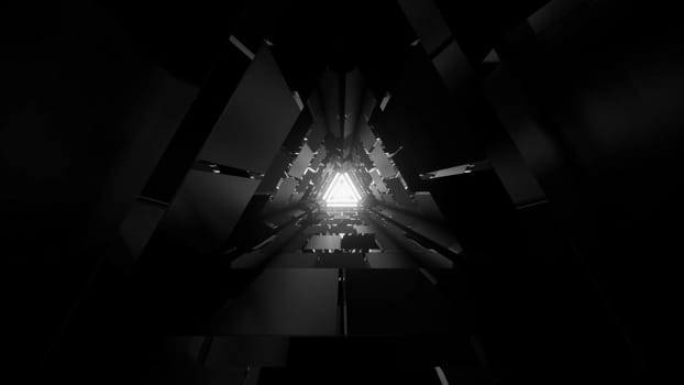 3d illustration of abstract background of futuristic corridor in shape of triangle glowing with neon illumination