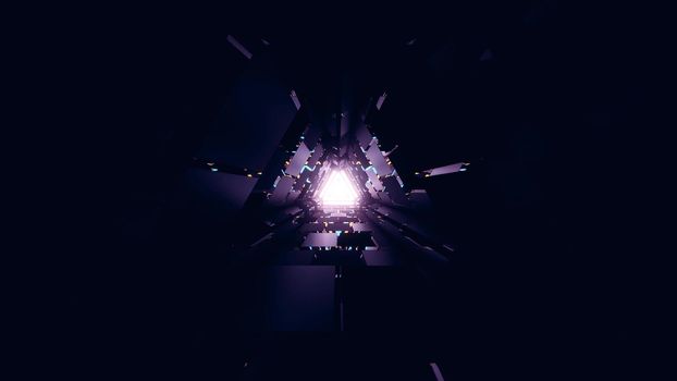 3d illustration of abstract background of dark sci fi tunnel in shape of triangle illuminated by neon light