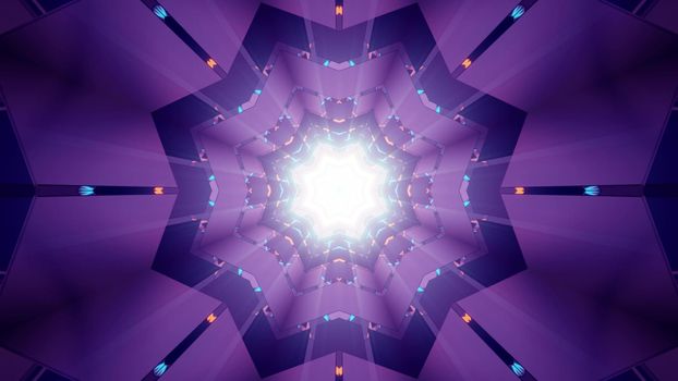 3d illustration of abstract background of three dimensional star shaped tunnel with vivid neon illumination