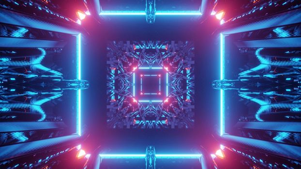 Abstract 3D illustration of square shaped passage illuminated by glowing blue and pink lights