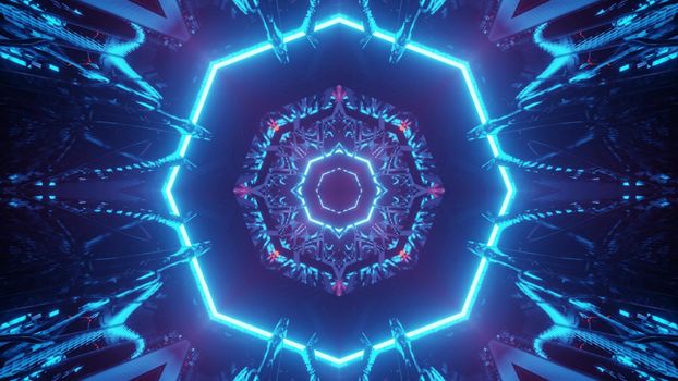 Creative design of 3D illustration of shiny endless hallway with geometrical decor and glowing lights forming beams