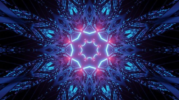Creative design of abstract 3D illustration of tunnel with symmetrical decor and blue rays