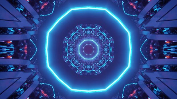 Abstract 3D illustration of octagonal shaped tunnel with glowing blue light and geometric ornament