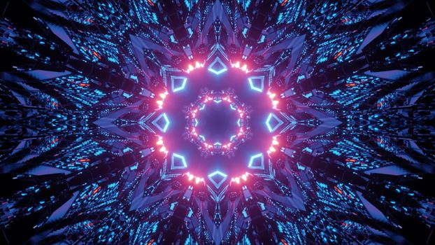 3d illustration of abstract background of endless tunnel with geometric shapes glowing with neon blue and red lights