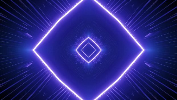 3d illustration of abstract background of endless futuristic tunnel in shape of rhombus glowing with blue neon light