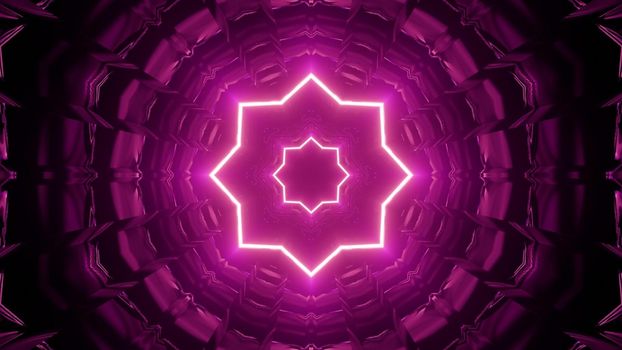 3d illustration of abstract background of vivid pink tunnel with geometric shapes and lines glowing with neon illumination