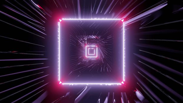 3d illustration of abstract background of dark tunnel in shape of square with geometric lines glowing with neon lights