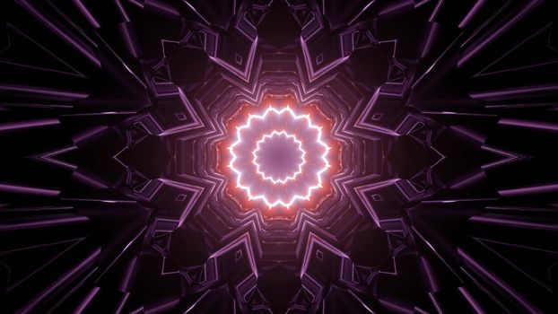 3d illustration of abstract background of symmetric tunnel in shape of circle with geometric shapes glowing with neon lights