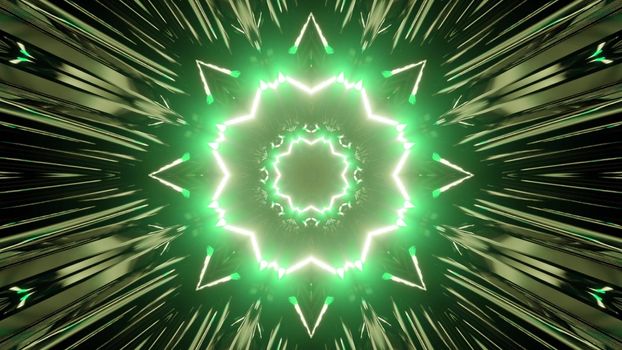 3d illustration of abstract background of vibrant endless tunnel in shape of flower with green neon illumination