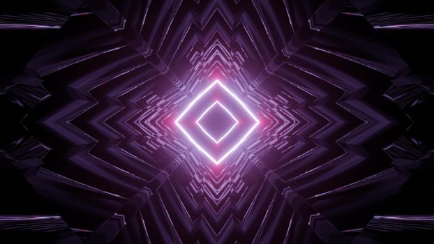 3d illustration of abstract background of rhombus shaped dark tunnel with purple neon light