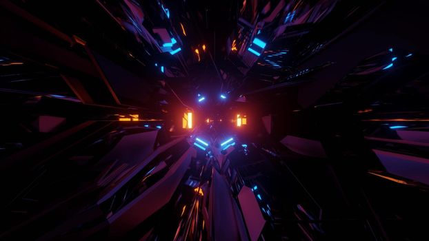 3D illustration of dark futuristic cyberspace with chaotic geometric figures reflecting neon lights as abstract background