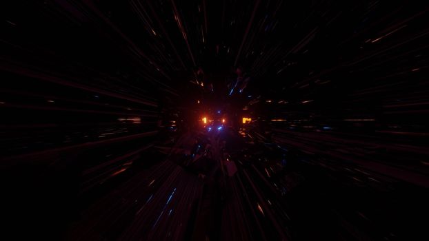 3D illustration of endless dark futuristic tunnel with glowing beams as abstract background