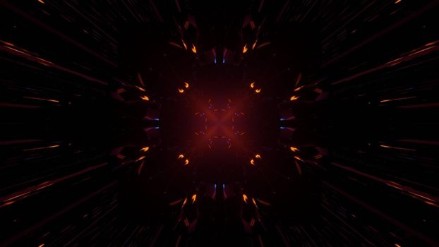 3D illustration of dark tunnel with red sparks shining symmetrically as abstract background